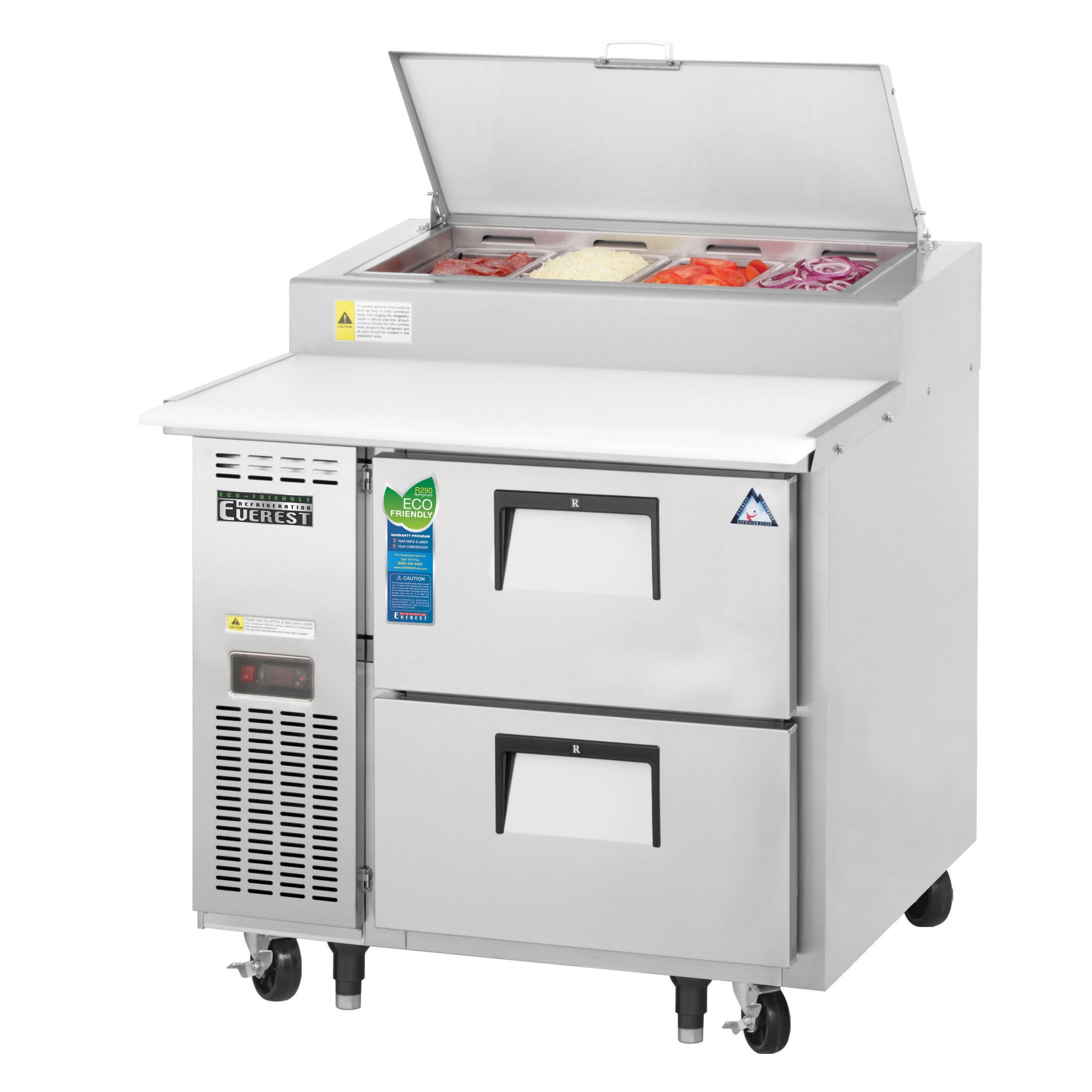 eve-eppr1-d2_0.jpg Everest EPPR1-D2 35" One Section Refrigerated Pizza Prep Table w/ 2 Drawers, (4) 1/3 Size Pans - Image 1