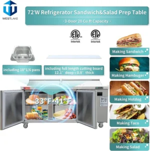 72″ Wide 3 Door Salad Sandwich Prep Table Refrigerator, Stainless Steel Food Prep Cooler