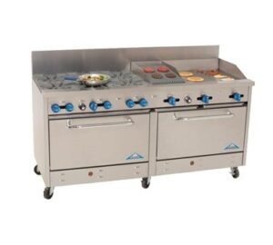 Comstock-Castle 2F330-18-1.5RB 72″ Gas Restaurant Range w/ (6) Open Burners, (1) 18″ Griddle, (1) 18″ Charbroiler, (2) Standard Ovens, 298.000 BTU