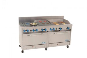 Comstock-Castle 2F330-30-1.5RB 72″ Gas Restaurant Range w/ (4) Open Burners, (1) 30″ Griddle, (1) 18″ Charbroiler, (2) Standard Ovens, 280.000 BTU