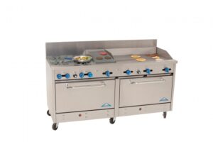 Comstock-Castle 2F330-36-1RB 72″ Gas Restaurant Range w/ (4) Open Burners, (1) 36″ Griddle, (1) 12″ Charbroiler, (2) Standard Ovens, 270.000 BTU