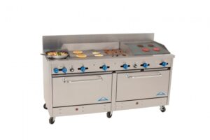 Comstock-Castle 2F330-36-2RB 72″ Gas Restaurant Range w/ (2) Open Burners, (1) 36″ Griddle, (1) 24″ Charbroiler, (2) Standard Ovens, 246.000 BTU