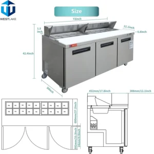 72″ Wide 3 Door Salad Sandwich Prep Table Refrigerator, Stainless Steel Food Prep Cooler