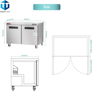 48″ Undercounter Freezer, 48″ Double Door Stainless Steel Lowboy Worktop Freezer 12 Cu.ft