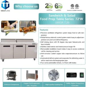72″ Wide 3 Door Salad Sandwich Prep Table Refrigerator, Stainless Steel Food Prep Cooler