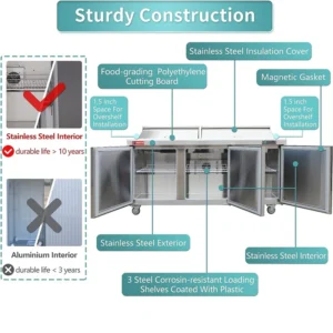 72″ Wide 3 Door Salad Sandwich Prep Table Refrigerator, Stainless Steel Food Prep Cooler