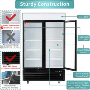 2 Glass Door Commercial Refrigerator, 36 Cu.ft Stainless Steel Reach in Upright Merchandiser