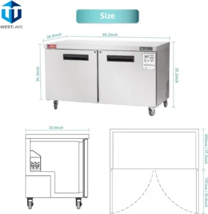 60″ Undercounter Refrigerator , 60″ Double Door Stainless Steel Lowboy Worktop Refrigerator 14.8 Cu.ft