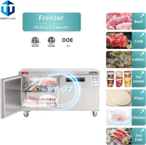 60″ Undercounter Freezer, 60″ Double Door Stainless Steel Lowboy Worktop Freezer 14.8 Cu.ft