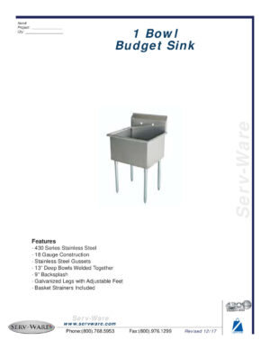 Serv-Ware BS1-1821 21″ One Compartment Sink, 18″W x 21″L Bowl Without Drainboards/18 Gauge