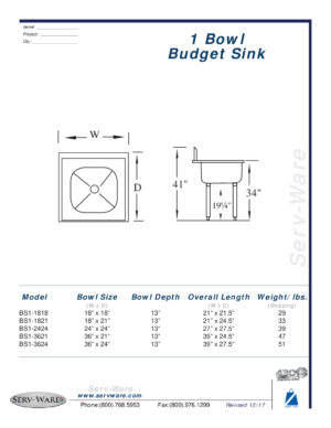 Serv-Ware BS1-1821 21″ One Compartment Sink, 18″W x 21″L Bowl Without Drainboards/18 Gauge