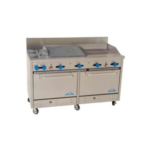 Comstock-Castle 2F330-24-3RB 72″ Gas Restaurant Range w/ (2) Open Burners, (1) 24″ Griddle, (1) 36″ Charbroiler, (2) Standard Ovens, 252.000 BTU