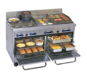 Comstock-Castle F3226-18-1.5RB 60″ Gas Restaurant Range w/ (4) Open Burners, (1) 18″ Griddle, (1) 18″ Charbroiler, (2) Standard Ovens, 244.000 BTU