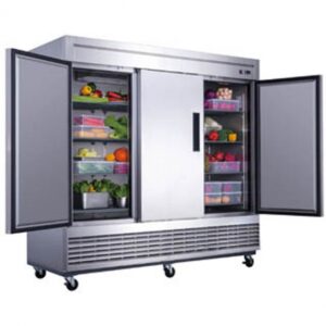 Dukers Appliance Co D83R 82″ Three Section Reach-In Refrigerator w/ 3 Solid Doors, Bottom Mount, Stainless Steel, 65 cu. ft.