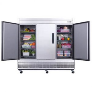 Dukers Appliance Co D83R 82″ Three Section Reach-In Refrigerator w/ 3 Solid Doors, Bottom Mount, Stainless Steel, 65 cu. ft.