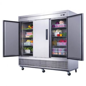 Dukers Appliance Co D83R 82″ Three Section Reach-In Refrigerator w/ 3 Solid Doors, Bottom Mount, Stainless Steel, 65 cu. ft.