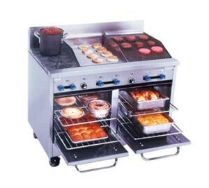 Comstock-Castle F3218-18-1.5RB 48″ Gas Restaurant Range w/ (2) Open Burners, (1) 18″ Griddle, (1) 18″ Charbroiler, (2) Space Saver Ovens, 178.000 BTU