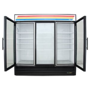 True GDM-72F-HC~TSL01 78″ Three Glass Swing Door Merchandiser Freezer in White, 62 Cu. Ft.