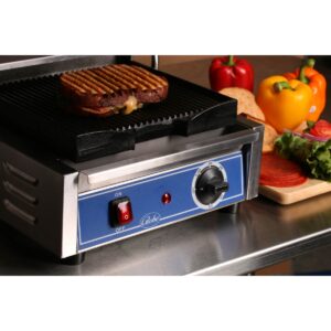 Globe GPG10 Single Commercial Panini Press w/ Cast Iron Grooved Plates, 120v