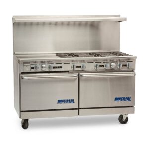 Imperial IR-6-G24 60″ Gas Restaurant Range w/ (6) Open Burners, 24″ Griddle, (2) Standard Ovens, 302.000 BTU