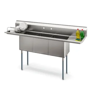 Koolmore KM-SC151514-15B316 75″ Three Compartment Sink, 15″Wx15″L Bowl With 2 Drainboards