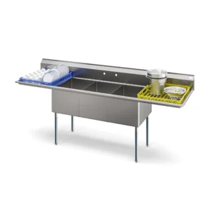 Koolmore KM-SC182414-24B3 102″ Three Compartment Sink, 18″W x 24″L Bowl With 2 Drainboards