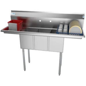 Koolmore SC101410-12B3 54″ Three Compartment Sink, 10″W x 14″L Bowl With 2 Drainboards