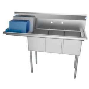 Koolmore SC121610-16L3 55″ Three Compartment Sink, 12″W x 16″L Bowl With Left-Hand Drainboard