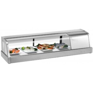 Turbo Air SAK-50R-N 48″ Refrigerated Self-Contained Right Compressor Curved Glass Stainless Steel Sushi Display Case, 2 Doors- 3 Pan Capacity