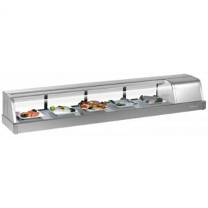 Turbo Air SAK-70R-N 71″ Refrigerated Self-Contained Right Compressor Curved Glass Stainless Steel Sushi Display Case, 4 Doors- 5 Pan Capacity