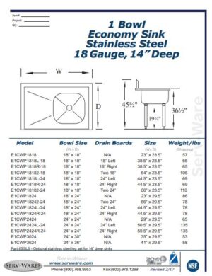 Serv-Ware E1CWP3024 35″ One Compartment Sink, 30″W x 24″L Bowl Without Drainboards/18 Gauge