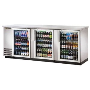 True TBB-4G-S-HC-LD 90″ 3 Glass Swing Door Stainless Steel Back Bar Cooler w/ LED Lighting