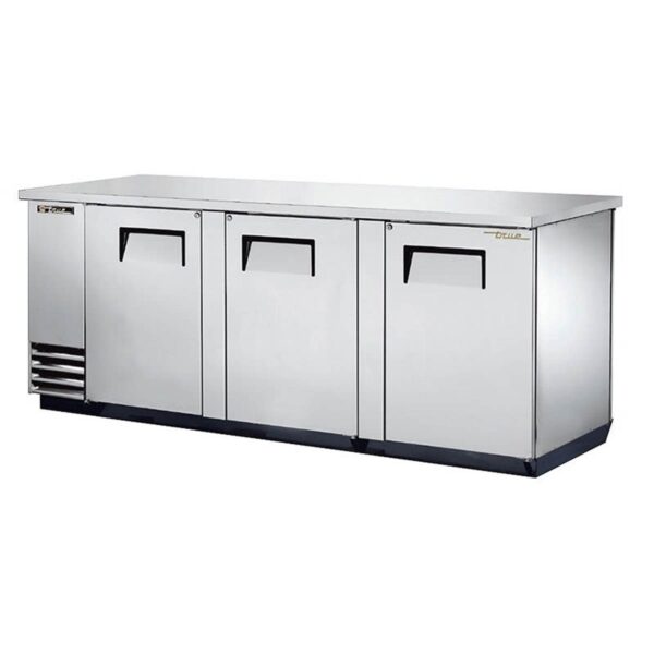 True TBB-4PT-S 90" 6 Solid Swing Door Stainless Steel Pass-Thru Back Bar Cooler, Three Section