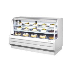 Turbo Air TCGB-72-W(B)-N 72″ Refrigerated Bakery Display Case, Self-Contained Curved Glass Full Service with 2 Shelves, 3/4 HP