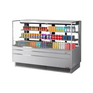 Turbo Air TOM-72L-UFD-S-3S-N 70″ Horizontal Open Air Merchandiser, Stainless Steel, Self-Contained, 2 Shelves, w/ Rear Doors, 23.4 cu. ft.