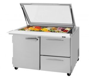 Turbo Air PST-48-18-D2R(L)-N-GL 48″ Mega Top Sandwich Prep Table w/ 2 Drawers & 1 Door, 18 Pans