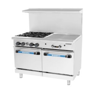 Turbo Air TARG-4B24G 48″ Gas Restaurant Range w/ (4) Open Burners, 24″ Griddle Right, (2) Standard Oven, 235.000 BTU