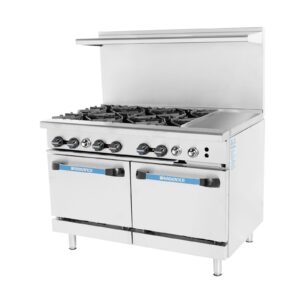Turbo Air TARG-6B12G 48″ Gas Restaurant Range w/ (6) Open Burners, 12″ Griddle Right, (2) Standard Oven, 284.000 BTU