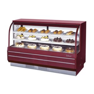 Turbo Air TCGB-72-R-N 72″ Refrigerated Bakery Display Case, Self-Contained Curved Glass Full Service with 2 Shelves, 3/4 HP-Red