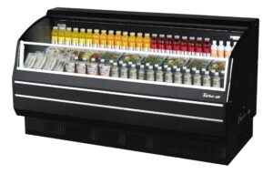 Turbo Air TOM-75SB-SP(-A)-N 75″ Horizontal Slim Profile Open Air Merchandiser in Black, Self-Contained, 3 Shelves, 13.5 cu. ft.