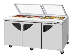 Turbo Air TST-72SD-N-GL 72″ Three Section Sandwich / Salad Prep Table w/ 3 Doors, 18 Pans